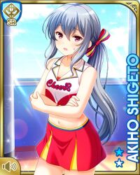 Rule 34 | 1girl, :d, bow, breasts, card (medium), character name, cheerleader, crossed arms, day, female focus, girlfriend (kari), grey hair, hair bow, indoors, long hair, midriff, official art, open mouth, qp:flapper, red bow, red shirt, red skirt, shigeto akiho, shirt, skirt, small breasts, smile, standing, tagme