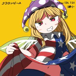 Rule 34 | 1girl, american flag dress, artist name, blonde hair, blush, character name, clothes lift, clownpiece, fairy wings, grin, huxiao (mistlakefront), lifted by self, long hair, navel, pantyhose, red eyes, short sleeves, simple background, skirt, skirt lift, smile, solo, touhou, wings