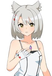 Rule 34 | 1girl, animal ears, breasts, cat ears, chest jewel, gloves, highres, ikonaska, mio (xenoblade), small breasts, solo, tank top, white gloves, white hair, white tank top, xenoblade chronicles (series), xenoblade chronicles 3, yellow eyes