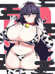 Rule 34 | 1girl, absurdres, animal ears, animal print, bell, bikini, breasts, chinese zodiac, choker, cleavage, collar, cow ears, cow horns, cow print, cow print bikini, cow print bra, cow print gloves, cow print thighhighs, cow tail, creatures (company), elbow gloves, game freak, gloves, hex maniac (pokemon), highres, horns, huge breasts, messy hair, neck bell, nintendo, pokemon, pokemon xy, print bikini, print gloves, print thighhighs, purple hair, shiny skin, swimsuit, tail, thighhighs, year of the ox