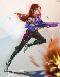 Rule 34 | 1girl, animal print, artist name, blurry, bmg, bodysuit, broken glass, brown eyes, brown hair, bullet hole, commentary, d.va (overwatch), debris, depth of field, explosion, facepaint, facial mark, finger on trigger, fourth wall, frown, full body, fusion, glass, glowing, glowing eye, green eyes, gun, handgun, headphones, heterochromia, highres, holding, holding gun, holding weapon, holster, long hair, long sleeves, looking at viewer, open mouth, outdoors, overwatch, overwatch 1, pants, pilot suit, pistol, rabbit print, ribbed bodysuit, rifle, running, signature, skin tight, soldier: 76 (overwatch), solo, swept bangs, weapon, whisker markings