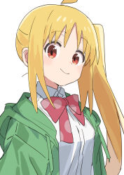 Rule 34 | 1girl, absurdres, ahoge, blonde hair, blush, bocchi the rock!, bow, bowtie, chinese commentary, closed mouth, collared shirt, commentary request, detached ahoge, dress shirt, gazacy (dai), green jacket, half updo, highres, hood, hood down, hooded jacket, ijichi nijika, jacket, long hair, looking at viewer, open clothes, open jacket, parted bangs, polka dot bowtie, red bow, red bowtie, red eyes, shirt, side ponytail, sidelocks, simple background, smile, solo, upper body, very long hair, white background, white shirt, wispy bangs