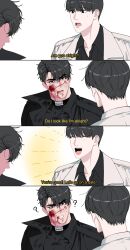Rule 34 | 2boys, 4koma, ?, black eyes, black hair, black jacket, blood, blood on face, blue shirt, closed eyes, collared shirt, comic, commentary request, english text, highres, jacket, jjiirooo, kim dokja, looking at another, male focus, multiple boys, omniscient reader&#039;s viewpoint, open mouth, shirt, short hair, simple background, smile, subtitled, upper body, vietnamese commentary, white background, white jacket, yoo joonghyuk