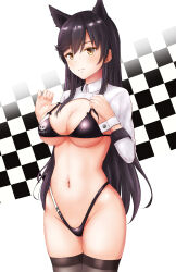 Rule 34 | 1girl, absurdres, animal ears, atago (azur lane), atago (stunning speedster) (azur lane), azur lane, bikini, black bikini, black hair, black thighhighs, breasts, ca paria, checkered flag, commentary request, dog ears, extra ears, flag, highleg, highleg bikini, highres, large breasts, long hair, mole, mole under eye, navel, official alternate costume, race queen, revision, ribbon, shrug (clothing), sleeve cuffs, solo, stomach, swept bangs, swimsuit, thighhighs, two-tone bikini, white ribbon, wrist cuffs