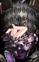 Rule 34 | 1girl, blush, book, bow, crescent, falling, female focus, hat, highres, long hair, looking at viewer, open mouth, patchouli knowledge, pillow, purple eyes, purple hair, satou samu, solo, teapot, touhou