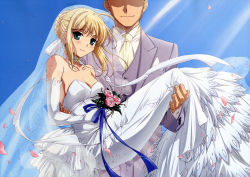 Rule 34 | 00s, 1boy, 1girl, absurdres, ahoge, alternate costume, artoria pendragon (all), artoria pendragon (fate), bare shoulders, blonde hair, blush, breasts, bride, carrying, cleavage, dress, elbow gloves, faceless, faceless male, fate/stay night, fate (series), flower, gloves, green eyes, highres, ishii kumi, princess carry, rose, saber (fate), solo focus, strapless, strapless dress, wedding, wedding dress