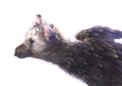 Rule 34 | 1boy, black hair, child, creature, feathers, griffin, male focus, short hair, size difference, sugi, the boy (the last guardian), the last guardian, trico (character), tunic, wings