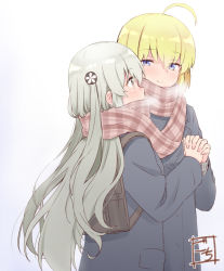 Rule 34 | 2girls, ahoge, amano soraha, artist name, assault lily, backpack, bag, blonde hair, blue eyes, breath, brown scarf, buttons, closed mouth, coat, commentary request, covered mouth, cowboy shot, egawa kusumi, enpera, flower, from side, gochisousama (tanin050), gradient background, grey background, grey coat, grey eyes, grey hair, hair between eyes, hair flower, hair ornament, hand up, highres, holding hands, interlocked fingers, light blush, long hair, long sleeves, looking at another, looking away, multiple girls, plaid, plaid scarf, pocket, profile, scarf, shared clothes, shared scarf, side-by-side, smile, standing, very long hair, wavy hair, white background, white flower, winter clothes, yuri