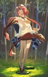 Rule 34 | 1girl, absurdres, apron, bamboo, bamboo forest, benienma (fate), bird hat, blue bow, bow, fate/grand order, fate (series), floating hair, forest, full body, grass, hand up, head tilt, high collar, highres, holding, japanese clothes, kimono, kuronoiparoma, long hair, looking at viewer, low ponytail, nature, ohitsu, okobo, open mouth, outdoors, parted bangs, red hair, red kimono, sandals, shamoji, short kimono, smile, socks, solo, standing, tabi, very long hair, waist bow, white apron, white socks, wide sleeves, yellow eyes