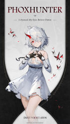 Rule 34 | 1girl, ahoge, bandage over one eye, bandaged leg, bandaged neck, bandages, bare shoulders, black gloves, breasts, bug, butterfly, character name, cleavage, collarbone, commentary, copyright name, copyright notice, cowboy shot, dress, duet night abyss, english commentary, english text, gloves, hair between eyes, hand on own chest, highres, horns, insect, large breasts, leg belt, legs, looking at viewer, medium hair, official art, phoxhunter (duet night abyss), red butterfly, red eyes, red horns, single horn, smile, solo, standing, the girl in the dream (duet night abyss), torn clothes, torn dress, white dress, white hair, white sleeves