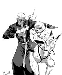 Rule 34 | 1boy, 1girl, absurdres, commentary, cross, cross necklace, crossover, english commentary, enrico pucci, greyscale, highres, horse, horseback riding, jewelry, jojo no kimyou na bouken, jubilee 2025, long hair, looking at viewer, luce (jubilee 2025), made in heaven (stand), monochrome, necklace, riding, short hair, simple background, stand (jojo), stone ocean, sulus spir1t