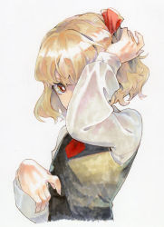 Rule 34 | 1girl, arm up, black vest, blonde hair, commentary, covering one eye, covering own mouth, fingernails, grey background, hair ribbon, hand in own hair, hand over eye, hand up, highres, long fingernails, long sleeves, looking at viewer, outstretched hand, red eyes, red neckwear, red ribbon, ribbon, ruffling hair, rumia, sharp fingernails, shiratama (hockey), shirt, short hair, simple background, solo, touhou, traditional media, undershirt, upper body, vest, white shirt