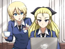 Rule 34 | 2girls, assam (girls und panzer), black ribbon, blonde hair, blue eyes, blue sweater, braid, closed mouth, commentary, computer, cup, darjeeling (girls und panzer), dress shirt, emblem, frown, girls und panzer, hair pulled back, hair ribbon, highres, holding, holding cup, indoors, laptop, long hair, long sleeves, multiple girls, omachi (slabco), open mouth, pointing, ribbon, school uniform, shirt, short hair, sitting, st. gloriana&#039;s (emblem), st. gloriana&#039;s school uniform, standing, sweater, teacup, twin braids, v-neck, white shirt, wing collar