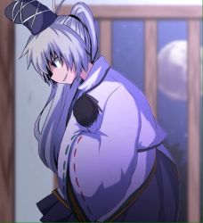 Rule 34 | 1girl, bad id, bad pixiv id, black skirt, blurry, bowing, cowboy shot, depth of field, from side, full moon, grey eyes, grey hair, hands in opposite sleeves, hat, japanese clothes, kariginu, long hair, long sleeves, mononobe no futo, moon, night, parted lips, pom pom (clothes), ponytail, profile, ribbon-trimmed sleeves, ribbon trim, skirt, smile, solo, tate eboshi, touhou, wide sleeves, you (noanoamoemoe)