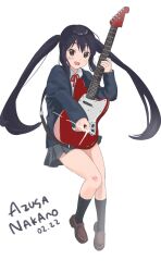 Rule 34 | 1girl, :d, black hair, black jacket, black socks, blazer, blush, brown eyes, brown footwear, burger yammmm, character name, collared shirt, commentary request, dated, full body, grey skirt, guitar, highres, holding, holding instrument, instrument, jacket, k-on!, kneehighs, loafers, long hair, long sleeves, nakano azusa, neck ribbon, open clothes, open jacket, open mouth, pleated skirt, red ribbon, ribbon, sakuragaoka high school uniform, school uniform, shirt, shoes, skirt, smile, socks, solo, twintails, white shirt, winter uniform