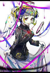 Rule 34 | 1girl, :p, absurdres, apron, black apron, blonde hair, blood, blood halo, blue hair, blunt bangs, chromatic aberration, closed mouth, collared shirt, cracked skin, dripping, feathered wings, grey hair, grey ribbon, grey shirt, grey skirt, halo, highres, hole in chest, hole on body, letterboxed, liquid halo, long sleeves, mugi626, multicolored hair, original, pale skin, purple ribbon, red eyes, ribbon, screentones, shirt, short twintails, single wing, skirt, skirt hold, smile, solo, standing, tongue, tongue out, twintails, white wings, wings