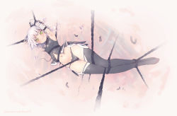 Rule 34 | 1girl, air bubble, armpits, arms behind head, bandaged arm, bandages, bare shoulders, black footwear, black panties, black thighhighs, boots, breasts, bubble, chain, chained, commentary, english commentary, fate/grand order, fate (series), full body, green eyes, highres, jack the ripper (fate/apocrypha), knife, looking at viewer, navel, panties, restrained, rou (rou22), scar, scar across eye, scar on face, short hair, silver hair, small breasts, solo, thigh boots, thighhighs, underwater, underwear, weapon
