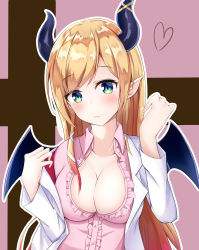 Rule 34 | 1girl, absurdres, bad id, bad pixiv id, blazer, blonde hair, blush, breasts, cleavage, closed mouth, collarbone, collared shirt, demon girl, demon horns, demon wings, frilled shirt, frills, green eyes, hands up, head tilt, heart, highres, hololive, horns, jacket, kurohikage, large breasts, long hair, long sleeves, looking at viewer, off shoulder, open clothes, open jacket, pink shirt, pointy ears, shirt, sidelocks, smile, upper body, virtual youtuber, white jacket, wing collar, wings, yuzuki choco, yuzuki choco (1st costume)