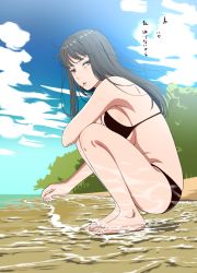 Rule 34 | 1girl, absurdres, barefoot, beach, bikini, black bikini, black hair, breast press, breasts, candy, cloud, commentary request, food, foreshortening, futago imouto (kakitama), highres, kakitama, large breasts, lollipop, long hair, looking at viewer, messy hair, original, parted lips, sand, sideboob, sky, solo, squatting, swimsuit, translated, water
