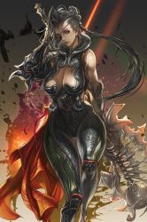 Rule 34 | 10s, 1girl, armor, artist request, black hair, blade &amp; soul, bodysuit, breasts, character request, cleavage, cleavage cutout, clothing cutout, eyepatch, female focus, gauntlets, huge weapon, large breasts, lips, long hair, nose, official art, red eyes, solo, weapon