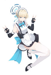 Rule 34 | 1girl, absurdres, apron, black footwear, black gloves, blonde hair, blue archive, blue bow, blue bowtie, blue eyes, blue ribbon, blunt bangs, bow, bowtie, braid, bun cover, closed mouth, elbow gloves, frilled apron, frills, gloves, hair bun, hair ribbon, high heels, highres, kuyoumi, looking at viewer, maid, maid apron, maid headdress, ribbon, simple background, sleeveless, solo, thighhighs, thighs, toki (blue archive), v, white background, white thighhighs