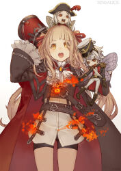 Rule 34 | anki (sinoalice), ascot, blunt bangs, blush, butterfly wings, cape, doll, fire, gishin (sinoalice), hair ribbon, happy, hat, highres, holding, holding clothes, holding hat, insect wings, ji no, lock, long hair, official art, open mouth, orange eyes, red eyes, red riding hood (sinoalice), ribbon, shorts, sidelocks, simple background, sinoalice, star-shaped pupils, star (symbol), symbol-shaped pupils, twintails, uniform, unworn hat, unworn headwear, wavy hair, white background, white hair, wings