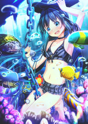 Rule 34 | 1girl, air bubble, aiuabo, animal, ankle scrunchie, armpits, barefoot, bikini, bikini skirt, black bikini, black choker, black hair, blue eyes, blue hair, blue scrunchie, breasts, bubble, cat, chain, choker, clothed animal, collarbone, commentary request, dark blue hair, diving suit, fish, flower, frilled bikini, frills, goggles, halterneck, hand on headwear, hat, highres, holding, holding chain, long hair, looking at viewer, nail polish, navel, open mouth, original, scrunchie, scuba gear, small breasts, solo, striped bikini, striped clothes, swimsuit, toenail polish, toenails, toes, tropical fish, turtle, underwater, wristband