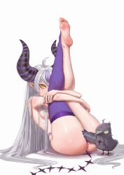 Rule 34 | 1girl, absurdres, ahoge, ass, asymmetrical legwear, barefoot, breasts, crow (la+ darknesss), feet, highres, hololive, horns, la+ darknesss, legs, legs up, long hair, looking at viewer, mikexyil, multicolored hair, nail polish, pointy ears, purple hair, purple nails, single thighhigh, small breasts, soles, streaked hair, thighhighs, thighs, toes, very long hair, virtual youtuber, white background, yellow eyes