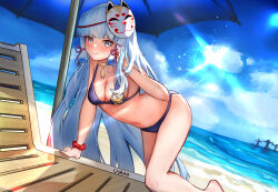 Rule 34 | 1girl, absurdres, alternate costume, ayaka (genshin impact), barefoot, beach, beach chair, beach umbrella, bent over, bikini, blue bikini, blue eyes, blue hair, blue sky, blush, breasts, cameltoe, chinese commentary, cleavage, closed mouth, cloud, cloudy sky, day, embarrassed, flower knot, foot out of frame, fox mask, genshin impact, hair ribbon, hand in own hair, highres, legs, lens flare, light blue hair, long hair, looking at viewer, mask, mask on head, medium breasts, mole, mole under eye, navel, neck tassel, outdoors, paid reward available, ribbon, scrunchie, sidelocks, signature, sky, solo, stomach, sun, sunlight, swimsuit, thighs, umbrella, ushiko xiansheng, v-shaped eyebrows, very long hair, wrist scrunchie