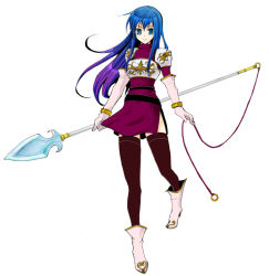 Rule 34 | 1girl, armor, armored dress, bad id, bad pixiv id, blue eyes, blue hair, boots, caeda (fire emblem), elbow gloves, fire emblem, fire emblem: mystery of the emblem, gloves, gradient hair, long hair, looking at viewer, matching hair/eyes, miyakoji, multicolored hair, nintendo, pegasus knight uniform (fire emblem), polearm, purple hair, side slit, simple background, skirt, smile, solo, spear, thighhighs, weapon, white background, zettai ryouiki