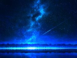 Rule 34 | blue theme, commentary, forest, highres, lake, milky way, mks, monochrome, nature, night, night sky, no humans, original, outdoors, reflection, scenery, shooting star, sky, star (sky), starry sky, water surface