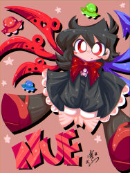 Rule 34 | 1girl, absurdres, ahoge, asymmetrical hair, asymmetrical wings, black dress, black hair, black thighhighs, blue wings, blush, blush stickers, bow, bowtie, character name, closed mouth, commentary request, dress, english text, flat color, frown, hair between eyes, heart, highres, houjuu nue, long hair, long sleeves, looking at viewer, makeup, mascara, messy hair, no lineart, no nose, nose blush, nue (phrase), partial commentary, pink background, red bow, red bowtie, red eyes, red footwear, red wings, shadow, shoes, signature, simple background, sleeve cuffs, sleeves past wrists, solo, star (symbol), thighhighs, touhou, ufo, very big eyes, wings, yumemizawazawa