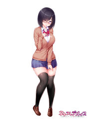 Rule 34 | 1girl, black hair, blush, bow, bowtie, breasts, copyright name, embarrassed, feet, female focus, full body, glasses, glasses over hair, hair over one eye, hand on own chest, hand up, highres, huge breasts, knees together feet apart, legs, long sleeves, looking at viewer, miyashiro ryuutarou, netorare device nettogemu de kawatta kanojo, open mouth, original, purple eyes, red bow, school uniform, shoes, short hair, simple background, skirt, solo, thick thighs, thighhighs, thighs, white background, zettai ryouiki