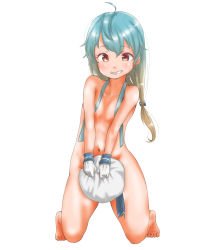 Rule 34 | 1girl, aqua hair, breasts, covering privates, covering crotch, hair between eyes, hair ornament, hairclip, hat, highres, kantai collection, looking at viewer, medium hair, nude, ponytail, red eyes, sado (kancolle), sailor hat, simple background, small breasts, smile, solo, tama (tamago), white background