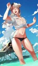 Rule 34 | 1girl, absurdres, black panties, blonde hair, blue sky, brown eyes, commentary, dangodes, english commentary, hair bun, highres, long hair, looking at another, navel, ocean, one eye closed, original, panties, propeller, roundel, seaplane, see-through, see-through shirt, shirt, sky, smile, solo, tied shirt, underwear, wading, water, wet, wet clothes, wet shirt, white shirt