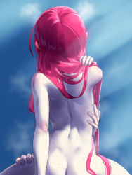 Rule 34 | 1girl, ass, butt crack, facing away, from behind, girl on top, hetero, highres, implied sex, leg grab, long hair, nude, ohlia, out-of-frame censoring, red hair, shakugan no shana, shana, shiny skin, solo focus, steaming body, straddling, sweat, very long hair
