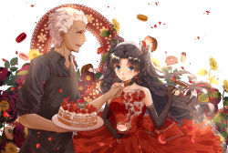Rule 34 | 1boy, 1girl, absurdres, apron, archer (fate), arms up, bad id, bad pixiv id, black apron, black gloves, black hair, black shirt, blue eyes, brooch, cake, choker, collarbone, corsage, cup, dress, drinking glass, earrings, elbow gloves, fate/stay night, fate (series), feeding, flower, food, fork, from side, fruit, gloves, hair ribbon, highres, holding, holding cup, holding fork, holding tray, jewelry, lace, lace-trimmed choker, lace-trimmed gloves, lace trim, leaf, long hair, looking at viewer, macaron, open mouth, parted bangs, petals, profile, red dress, red flower, red rose, ribbon, rose, rose petals, shirt, simple background, sleeves rolled up, strapless, strapless dress, strawberry, sunflower, tan, teatix, teeth, thick eyebrows, tohsaka rin, tray, twintails, upper teeth only, very long hair, white background, white hair, wine glass