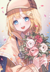 Rule 34 | 1girl, blonde hair, blue eyes, blush, bob cut, bouquet, brown capelet, brown coat, brown hat, capelet, coat, collared shirt, commentary, confetti, deerstalker, detective, flower, gradient background, hair ornament, hairclip, hat, highres, holding, holding bouquet, holding flower, hololive, hololive english, light blush, looking at viewer, nail polish, naname (7name), open mouth, pink flower, pink rose, red flower, red rose, rose, shirt, short hair, smile, solo, stethoscope, teeth, upper teeth only, virtual youtuber, watson amelia, white flower, white rose, white shirt, yellow nails