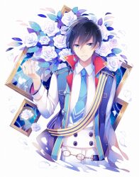 Rule 34 | 1boy, black hair, blue eyes, blue necktie, blue vest, buttons, collared shirt, collared vest, commentary request, cropped legs, earrings, ensemble stars!, flower, hair between eyes, hand up, hibiki wataru, hidaka hokuto, highres, holding, holding flower, jewelry, kina (446964), leaf, long sleeves, looking at viewer, male focus, mashiro tomoya, necktie, open clothes, open vest, parted lips, petals, picture frame, popped collar, rose, sash, shirt, short hair, shoulder sash, simple background, single earring, smile, solo, vest, white background, white flower, white rose, white shirt, wing collar