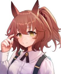 Rule 34 | 1girl, absurdres, animal ears, artist name, aston machan (umamusume), brown hair, closed mouth, commentary request, dress, ear ornament, green eyes, hair between eyes, highres, horse ears, horse girl, long sleeves, official alternate costume, ponytail, portrait, red nails, ricke 2002, short hair, simple background, smile, solo, umamusume, white background, white dress