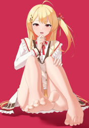 Rule 34 | 1girl, barefoot, blonde hair, feet, hand on own knee, highres, hololive, hololive dev is, hui yu, long hair, looking at viewer, open mouth, otonose kanade, panties, pantyshot, red eyes, regloss, side ponytail, soles, toes, underwear, virtual youtuber