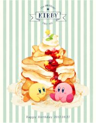 Rule 34 | :o, anniversary, berry, blue eyes, blush, blush stickers, closed mouth, commentary request, dated, food, fruit, green background, happy birthday, kirby, kirby (series), kotori (lycka), looking at another, mint, nintendo, no humans, pancake, pancake stack, simple background, sitting, smile, star-shaped food, star (symbol), star rod, strawberry syrup, striped, striped background, two-tone background, whipped cream, white background