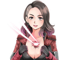 Rule 34 | 1041 (toshikazu), 1girl, animification, asymmetrical hair, black bodysuit, black gloves, bodysuit, breasts, brown eyes, brown hair, cleavage, collarbone, earrings, gloves, jewelry, large breasts, laser, looking at viewer, medium hair, open mouth, portrait, sidecut, smile, solo, stormfront (the boys), superhero costume, the boys, undercut, white background