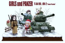 Rule 34 | 10s, 4girls, absurdres, ammunition belt, ammunition pouch, antlers, bag, belt, black footwear, black gloves, black hair, blonde hair, blue eyes, blush, boots, breath, brown coat, brown hair, brown hat, carrying, caterpillar tracks, clara (girls und panzer), closed eyes, closed mouth, coat, commentary request, constricted pupils, copyright name, emblem, fang, fence, fur hat, gift, girls und panzer, gloves, grimace, gun, hat, highres, holding, hone (honehone083), horns, jacket, katyusha (girls und panzer), kv-2, leg up, long hair, long sleeves, looking at another, military, military uniform, military vehicle, motor vehicle, multiple girls, nina (girls und panzer), nonna (girls und panzer), open mouth, oversized object, pouch, pravda (emblem), red hat, red jacket, reindeer antlers, rifle, rope, sam browne belt, santa costume, santa hat, satchel, short hair, short twintails, smile, smoke, snow, snowing, standing, standing on one leg, swept bangs, t-34, t-34-85, tank, tree, twintails, uniform, ushanka, v-shaped eyebrows, weapon, weapon request
