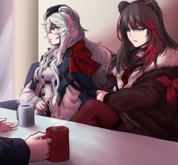 Rule 34 | 1other, 2girls, animal ears, arknights, armband, bear ears, black choker, black sailor collar, blue eyes, brown jacket, choker, coffee mug, commentary request, crossed legs, cup, fur-trimmed jacket, fur trim, gwangvt, hat, highres, indoors, jacket, korean commentary, mug, multicolored hair, multiple girls, open clothes, open jacket, out of frame, red eyes, red legwear, rosa (arknights), sailor collar, table, two-tone hair, zima (arknights)