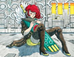 Rule 34 | 1girl, annie featherweight, boots, brown footwear, brown thighhighs, closed eyes, commentary, english commentary, feathers, full body, high heel boots, high heels, holding, holding sword, holding weapon, jewelry, knee boots, long coat, painting (medium), red (transistor), red hair, ring, short hair, short sleeves, shorts, sitting, solo, swept bangs, sword, the transistor, thighhighs, thighhighs under boots, traditional media, transistor (game), watercolor (medium), weapon
