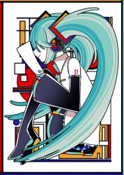 Rule 34 | 1girl, abstract background, aqua hair, aqua nails, black footwear, black skirt, black sleeves, boots, border, closed mouth, collared shirt, colored skin, commentary, covered eyes, detached sleeves, from side, full body, hair ornament, hair over eyes, hatsune miku, headset, holding, holding paper, knees up, long bangs, long hair, machigami yoh, miniskirt, multicolored background, multicolored border, nail polish, paper, profile, shirt, sidelocks, sitting, skirt, sleeveless, sleeveless shirt, sleeves past wrists, smile, solo, thigh boots, twintails, very long hair, vocaloid, white shirt, white skin