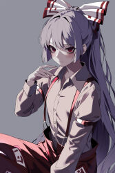 Rule 34 | 1girl, bow, empty eyes, expressionless, fujiwara no mokou, grey background, hair bow, highres, large bow, long hair, long sleeves, looking at viewer, overalls, red eyes, red overalls, shirt, solo, touhou, unbuttoned, unzipped, usuuuv, very long hair, white bow, white hair, white shirt