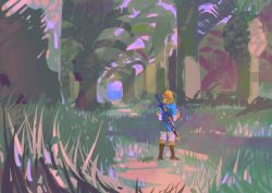 Rule 34 | 1boy, blonde hair, blue shirt, blue tunic, boots, brown footwear, elf, forest, grass, highres, link, long sleeves, male focus, nature, nintendo, pale skin, pants, pointy ears, sheath, sheathed, shirt, sleeves past elbows, solo, solo focus, standing, sword, the legend of zelda, the legend of zelda: breath of the wild, tree, tunic, weapon, white legwear, white pants, white shirt, yoauuki
