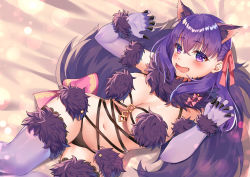 Rule 34 | 1girl, :d, abstract background, animal ear fluff, animal ears, back bow, black panties, bow, breasts, cosplay, cowboy shot, elbow gloves, fate/grand order, fate/stay night, fate (series), gloves, hair bow, highres, hizuki higure, large breasts, long hair, looking at viewer, mash kyrielight, mash kyrielight (dangerous beast), mash kyrielight (dangerous beast) (cosplay), matou sakura, navel, official alternate costume, open mouth, panties, paw pose, pink bow, purple eyes, purple gloves, purple hair, purple thighhighs, revealing clothes, smile, solo, tail, thighhighs, underwear